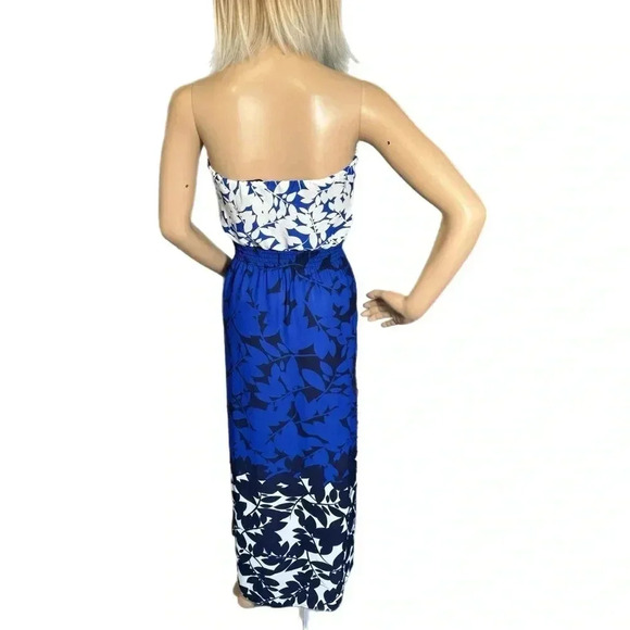 AQUA Blue Navy Floral Long Strapless Boho Slit Maxi Dress Smocked Size XS - Picture 4 of 10